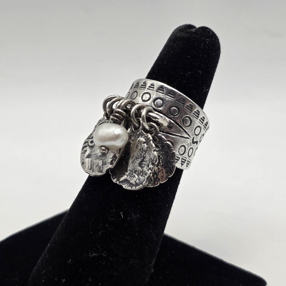 Silpada R1902 925 Sterling Silver Pearl Stamped Coin Cha Cha Ring Size 6